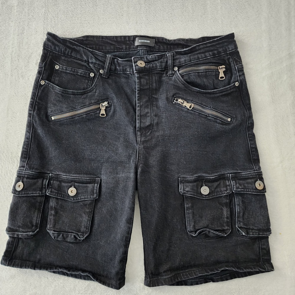 Bluecarats Cargo Denim Shorts Mens 36 Black Multi Pocket Zippered Streetwear Alt